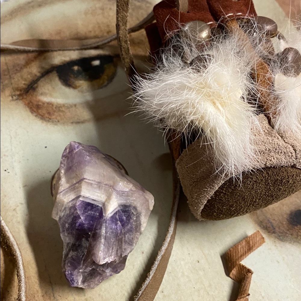 Raw Amethyst Stone & Suede & Fur Medicine Pouch